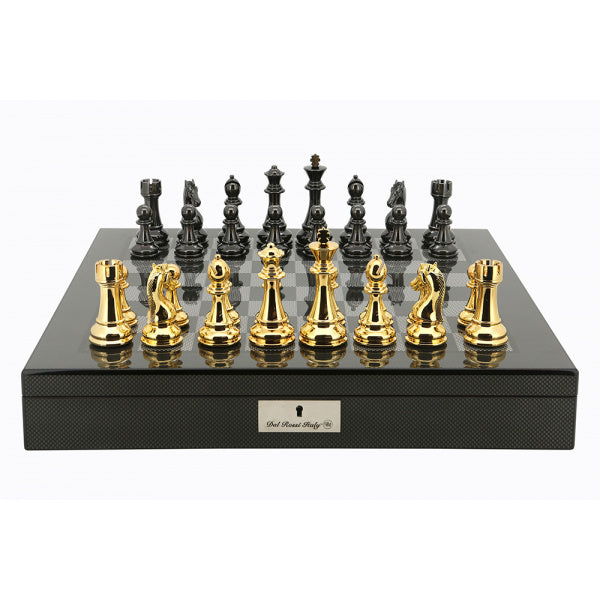 Dal Rossi Italy Gold / Titanium Chess Set on Carbon Fibre Shiny Finish Chess Box 20” with compartments