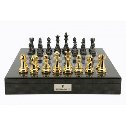 Dal Rossi Italy Gold / Titanium Chess Set on Carbon Fibre Shiny Finish Chess Box 20” with compartments