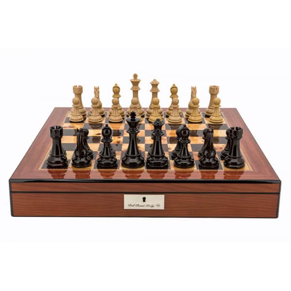 Dal Rossi Red and Box Wood Finish Chess Set on Walnut Finish Chess Box 20” with compartments