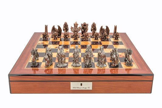 Dal Rossi Italy Evil Ring Metal Chess Set on Walnut Shiny Finish Chess Box 20" with compartments