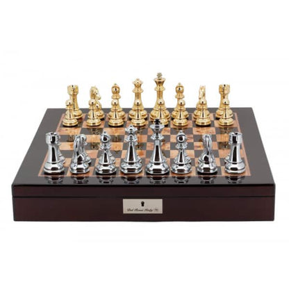 Dal Rossi Italy Chess Box Mahogany Finish 20" with compartments Gold and Silver 101mm pieces