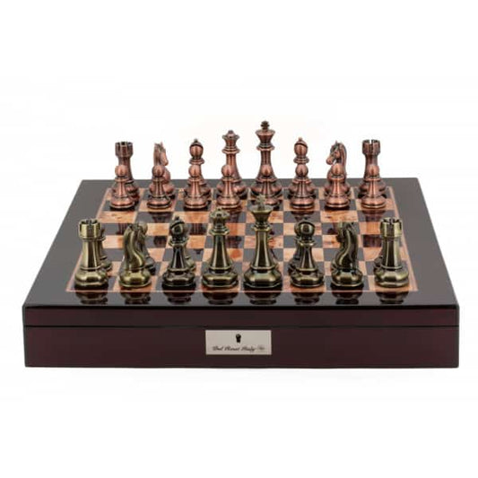 Dal Rossi Italy Chess Box Mahogany Finish 20" with compartments Bronze & Copper 101mm pieces