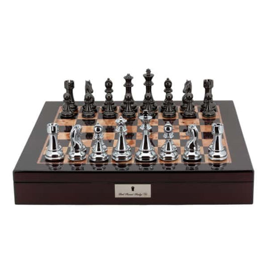 Dal Rossi Italy Chess Box Mahogany Finish 20" with compartments Silver & Titanium 101mm pieces