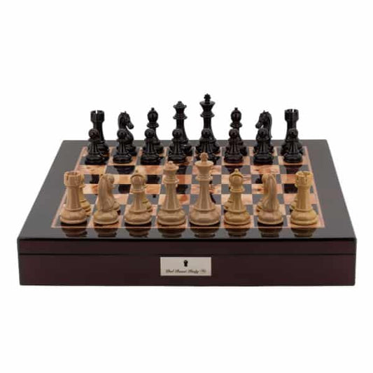 Dal Rossi Italy Chess Box Mahogany Finish 20" with compartments with Black Ebony and Box Wood Finish 101mm Chess pieces