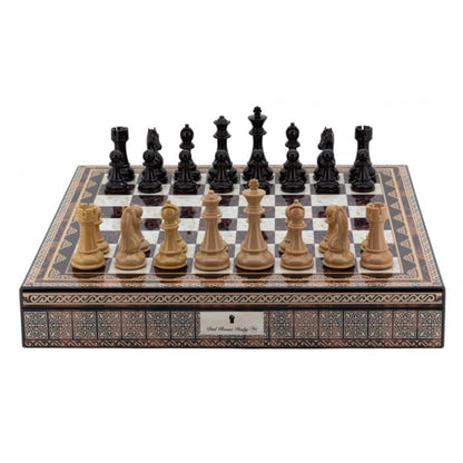 Dal Rossi Italy Chess Box Mosaic Finish 20" with compartments with Black Ebony and Box Wood Finish 101mm Chess pieces