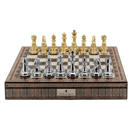 Dal Rossi Italy Chess Box Mosaic Finish 20" with compartments with Gold and Silver Finish 101mm Chess pieces