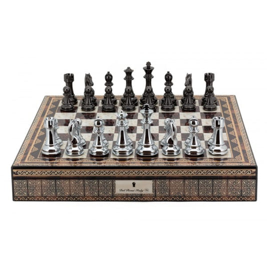 Dal Rossi Italy Chess Box Mosaic Finish 20" with compartments with Silver & Titanium Finish 101mm Chess pieces