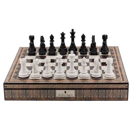 Dal Rossi Italy Chess Box Mosaic Finish 20" with compartments with Black & White Finish 101mm Chess pieces