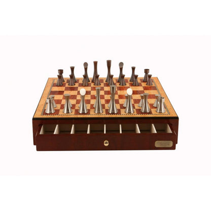 Dal Rossi Italy, Contemporary Chess Set with drawers 18" (Red Mahogany Finish) with Contemporary Pewter Chess Pieces