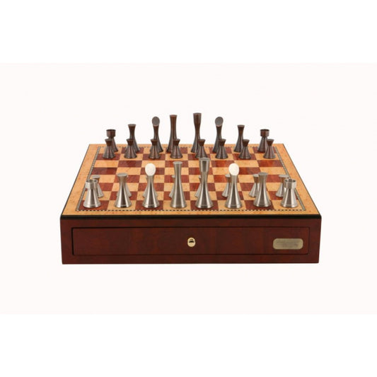 Dal Rossi Italy, Contemporary Chess Set with drawers 18" (Red Mahogany Finish) with Contemporary Pewter Chess Pieces