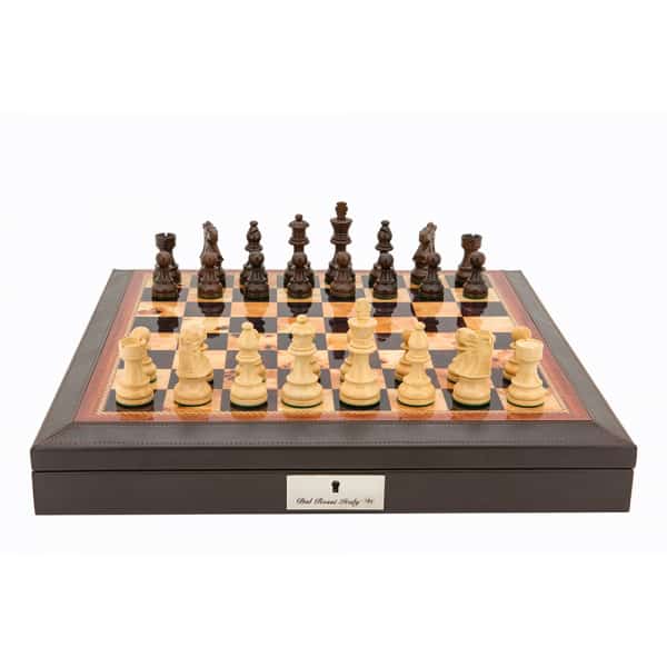 Dal Rossi Walnut Finish PU Leather Bevelled Edge 16" Chess Set With Compartments and Boxwood and Sheesham 85mm Chess Pieces