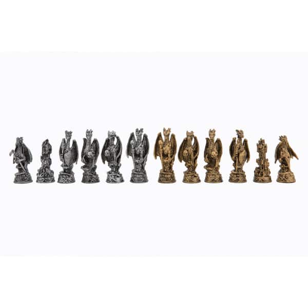 Dal Rossi Italy Brown PU Leather Bevilled Edge chess box with compartments 18" with Dragon Pewter Chessmen