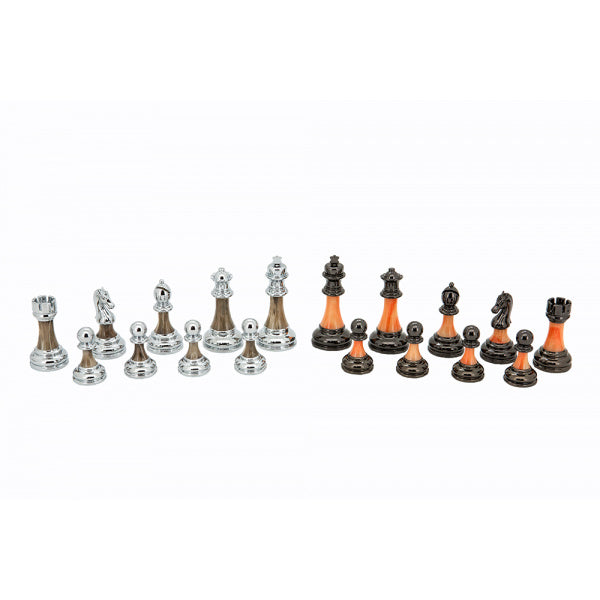 Dal Rossi Italy Walnut Finish PU Leather Bevelled Edge Chess Set With Compartments and Metal / Marble Finish Chess Pieces