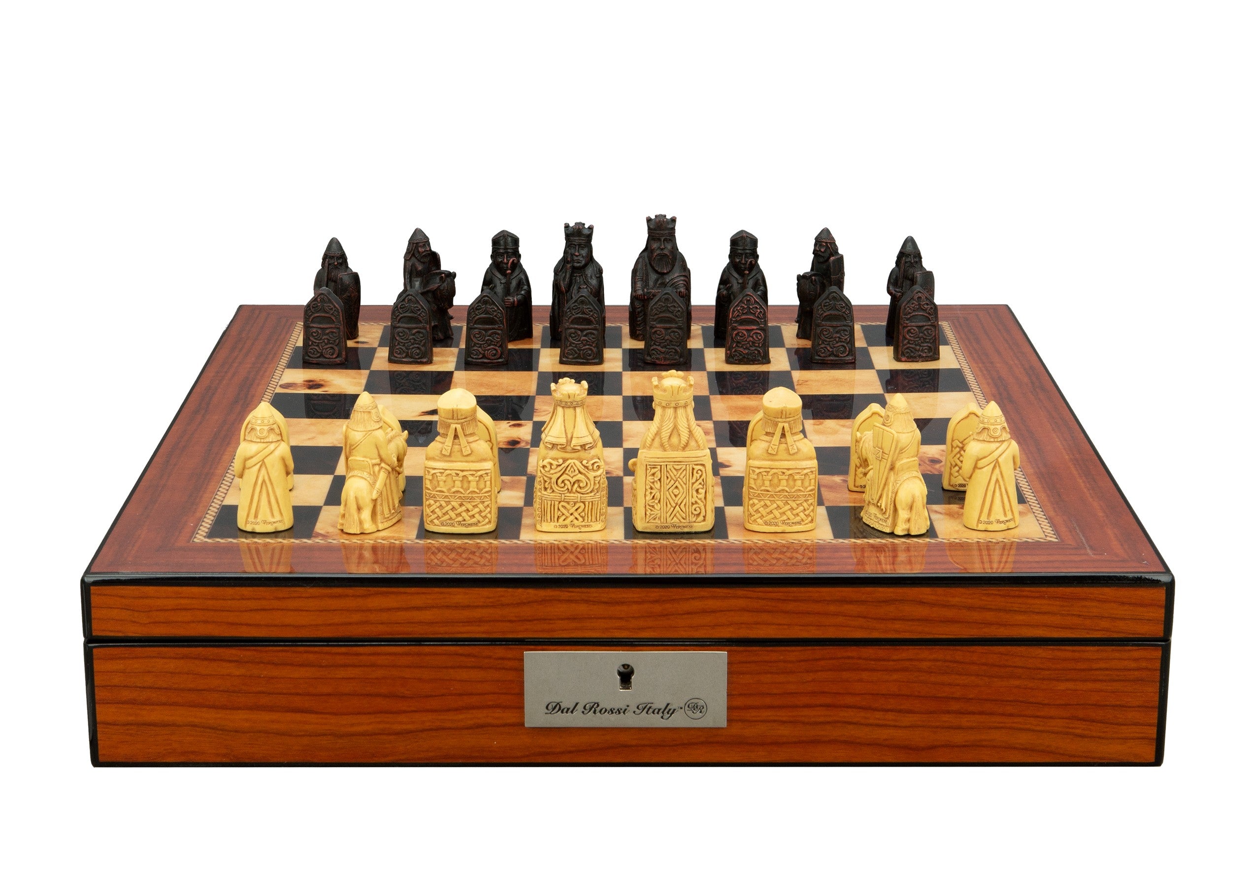 Dal Rossi Italy Isle of Lewis Chess Set on a Walnut Shiny Finish Chess Box 16” with compartments
