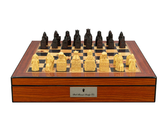 Dal Rossi Italy Isle of Lewis Chess Set on a Walnut Shiny Finish Chess Box 16” with compartments