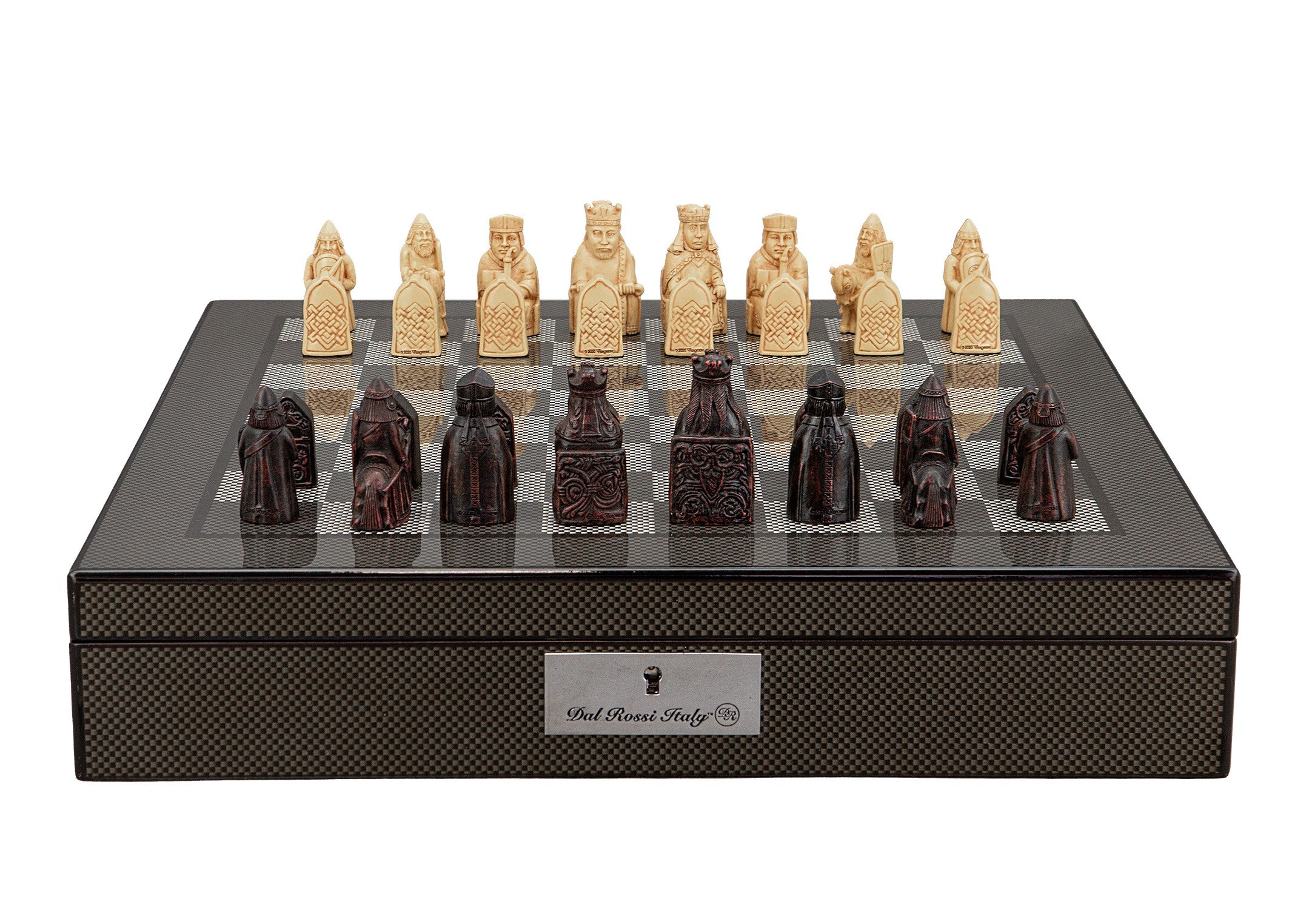 Dal Rossi Italy Isle of Lewis Chess Set on a Carbon Fibre Shiny Finish Chess Box 16” with compartments