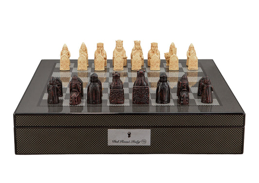 Dal Rossi Italy Isle of Lewis Chess Set on a Carbon Fibre Shiny Finish Chess Box 16” with compartments