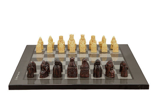Dal Rossi Italy Isle of Lewis Chess Set on a Carbon Fibre Shiny Finish Chess Board 40cm