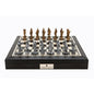 Dal Rossi Italy Black PU Leather Bevilled Edge chess box with compartments 18" with Medieval Pewter Chessmen