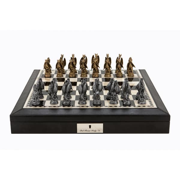 Dal Rossi Italy Black PU Leather Bevilled Edge chess box with compartments 18" with Dragon Pewter Chessmen