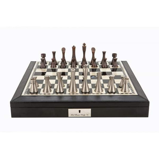 Dal Rossi Italy Black PU Leather Bevilled Edge chess box with compartments 18" with Contemporary Metal Chessmen