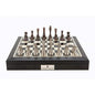 Dal Rossi Italy Black PU Leather Bevilled Edge chess box with compartments 18" with Contemporary Metal Chessmen