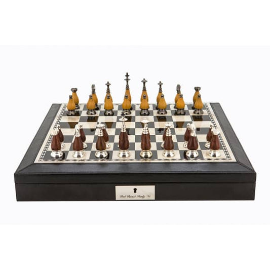 Dal Rossi Italy Black PU Leather Bevilled Edge chess box with compartments 18" with Staunton Metal/Wood Chessmen