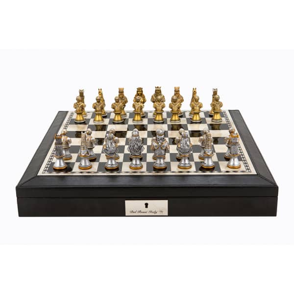 Dal Rossi Italy Black PU Leather Bevilled Edge chess box with compartments 18" with Medieval Warriors Resin Chessmen