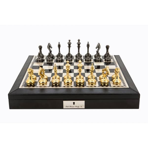 Dal Rossi Italy Black PU Leather Bevilled Edge chess box with compartments 18" with Staunton Brass Titanium Cap Chessmen