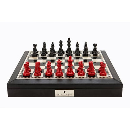 Dal Rossi Italy Black PU Leather Bevilled Edge chess box with compartments 18" with French Lardy Black/Red 85mm Chessmen