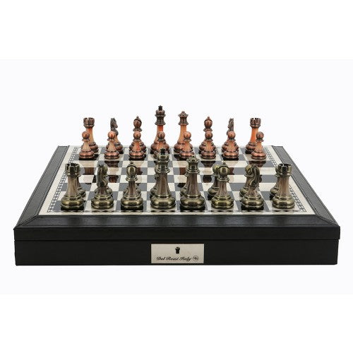 Dal Rossi Italy Black PU Leather Bevelled Edge chess box with compartments 18" with Antique Green and Copper Finish Chessmen