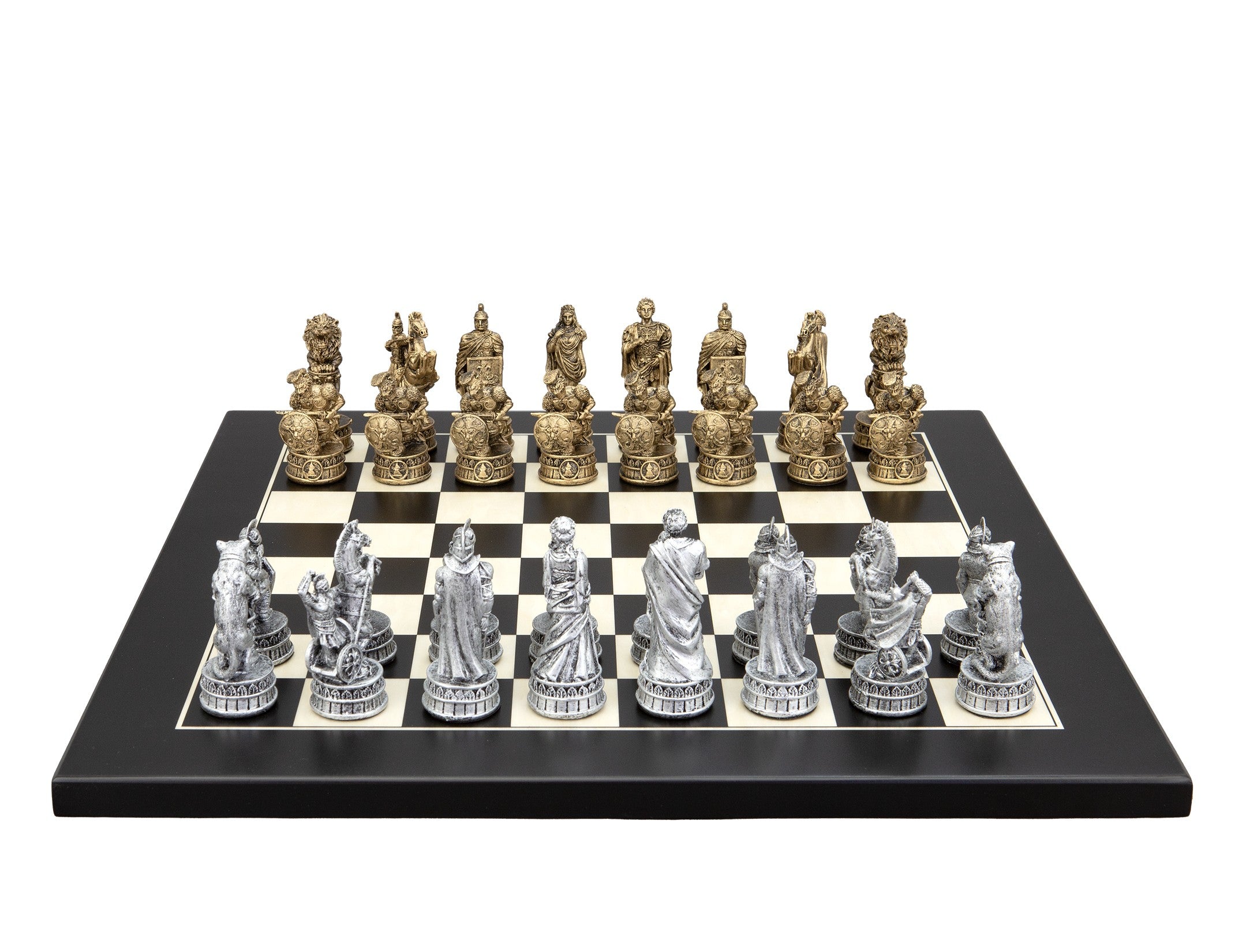Dal Rossi Italy Roman Chessmen  on a Black / Erable, 40cm Chess Board