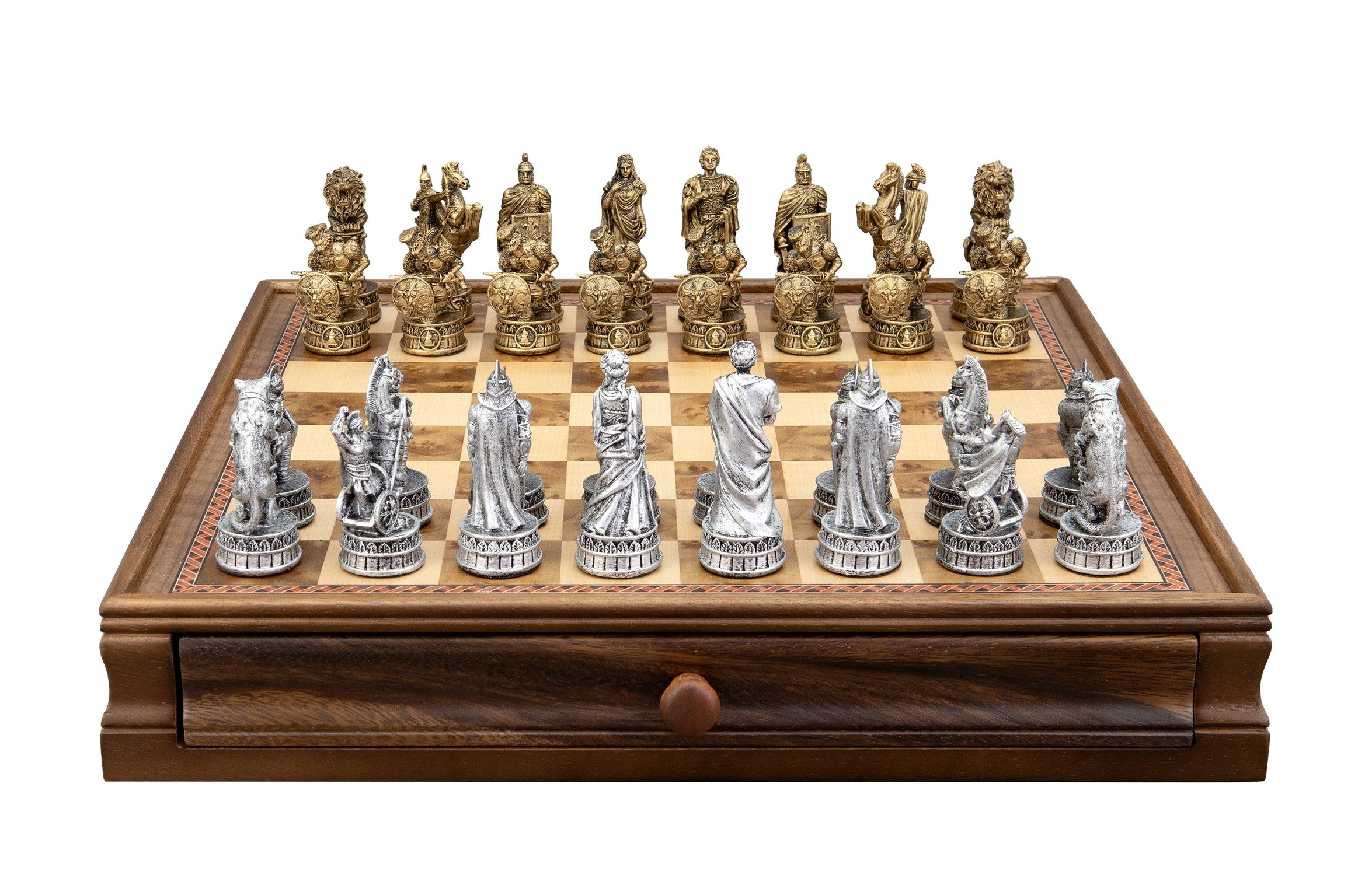 Dal Rossi Italy Roman Chessmen on a Walnut Box with Drawer 15"