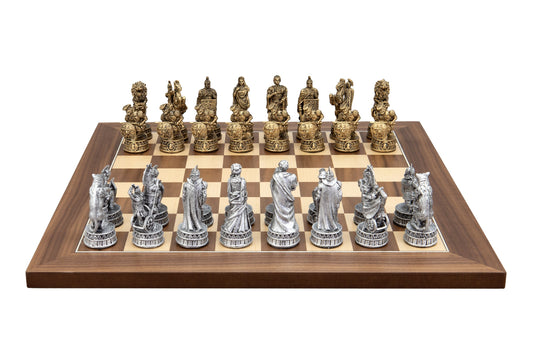 Dal Rossi Italy Roman Chessmen  on a Walnut Inlaid, 40cm Chess Board