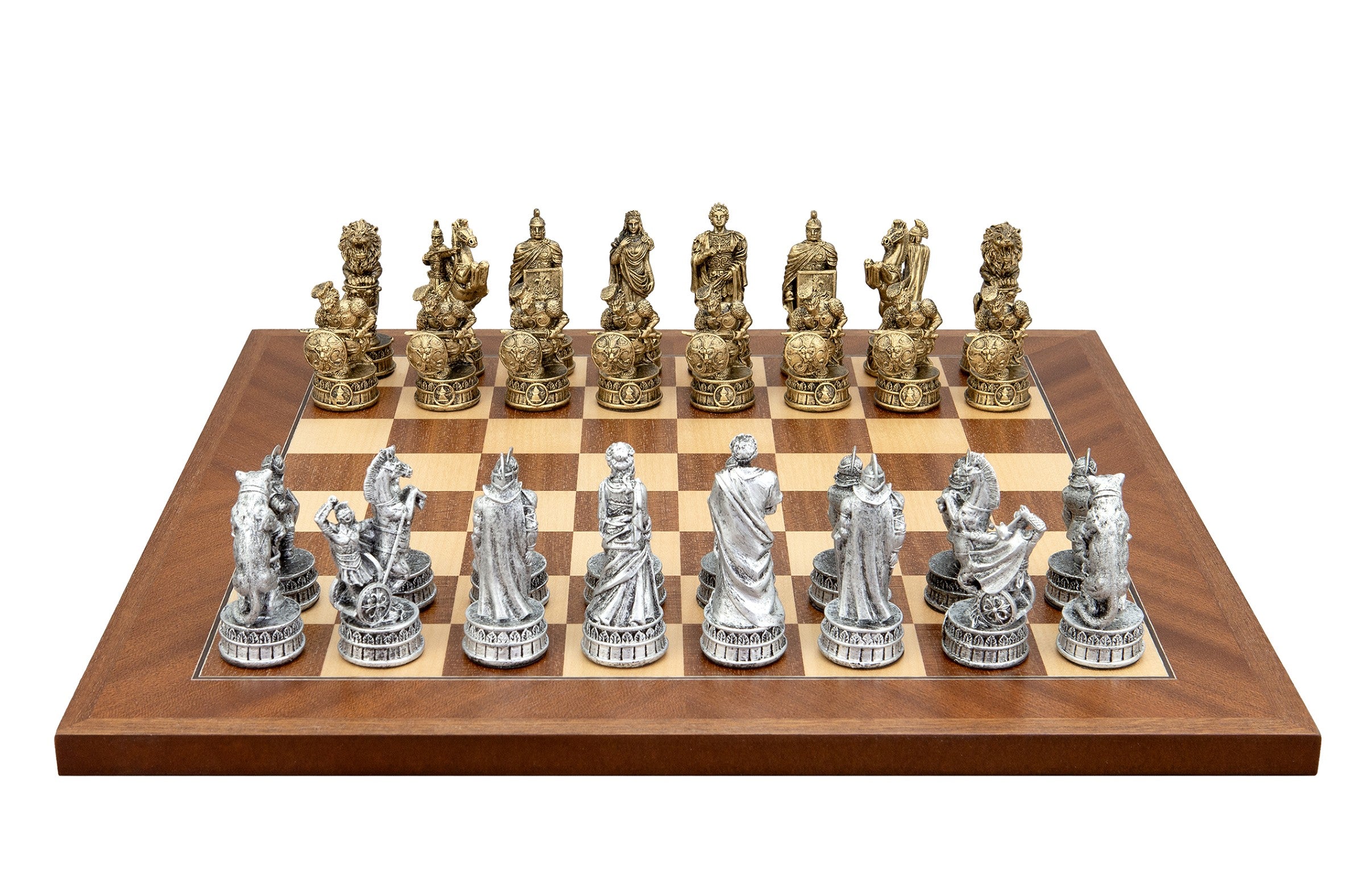 Dal Rossi Italy Roman Chessmen  on a Mahogany / Maple, 40cm Chess Board