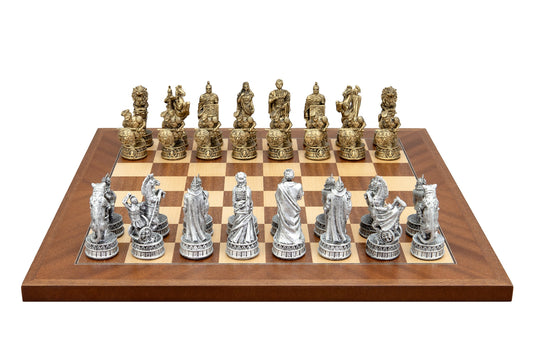 Dal Rossi Italy Roman Chessmen  on a Mahogany / Maple, 40cm Chess Board