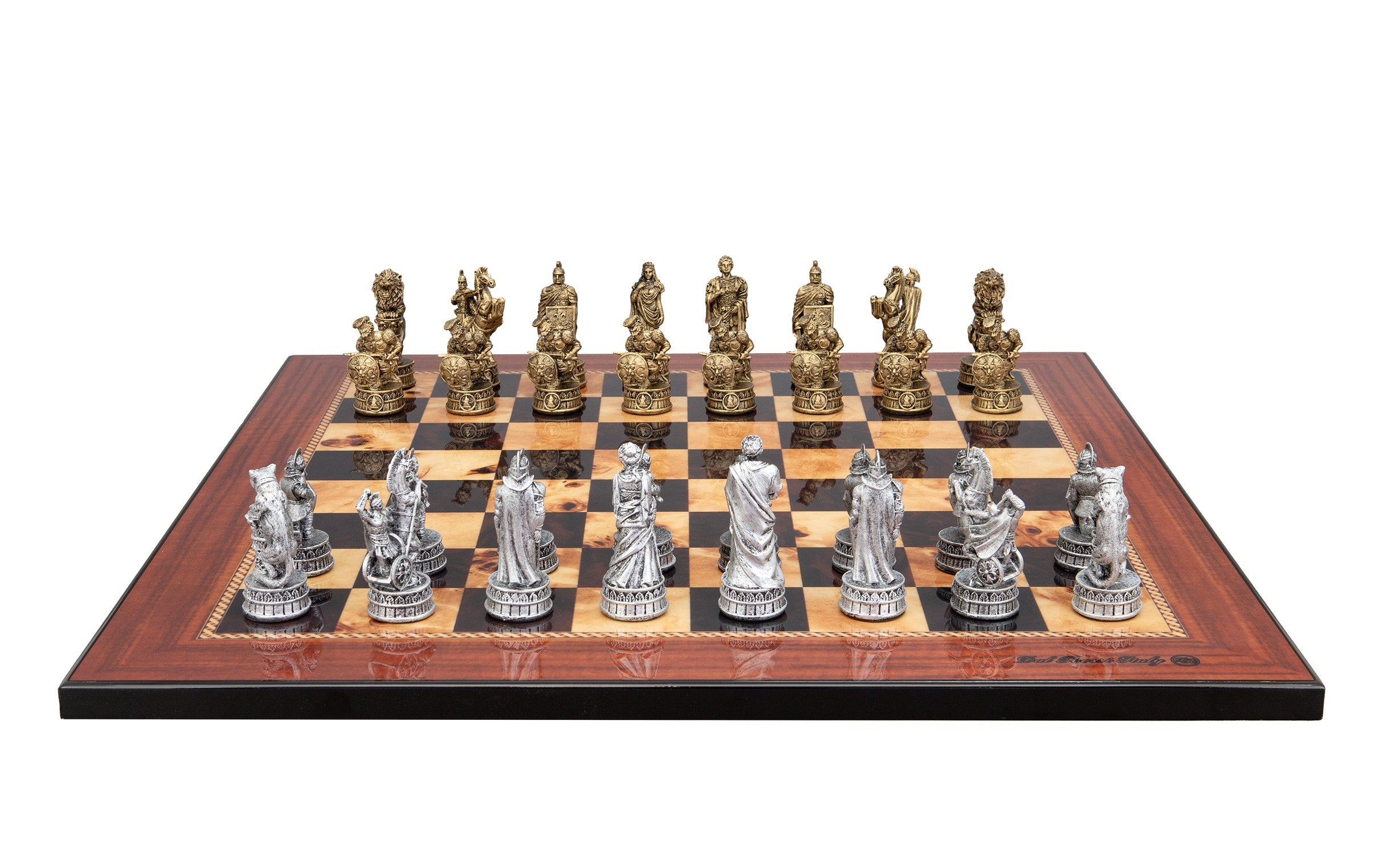 Dal Rossi Italy Roman Chessmen  on a Walnut Shiny Finish, 50cm Chess Board