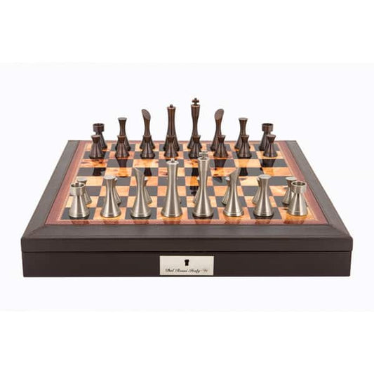 Dal Rossi Italy Brown PU Leather Bevilled Edge chess box with compartments 18" with Contemporary Metal Chessmen