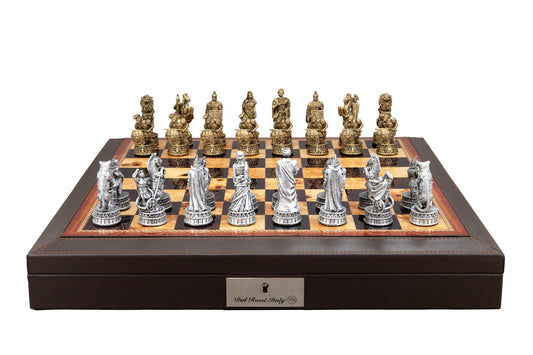 Dal Rossi Italy Roman Chessmen on a Brown PU Leather Bevelled Edge chess box with compartments 18"