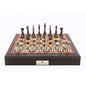 Dal Rossi Italy Brown PU Leather Bevilled Edge chess box with compartments 18″ with Staunton Metal