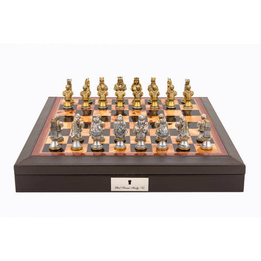 Dal Rossi Italy Brown PU Leather Bevilled Edge chess box with compartments 18" with Medieval Warriors Resin Chessmen