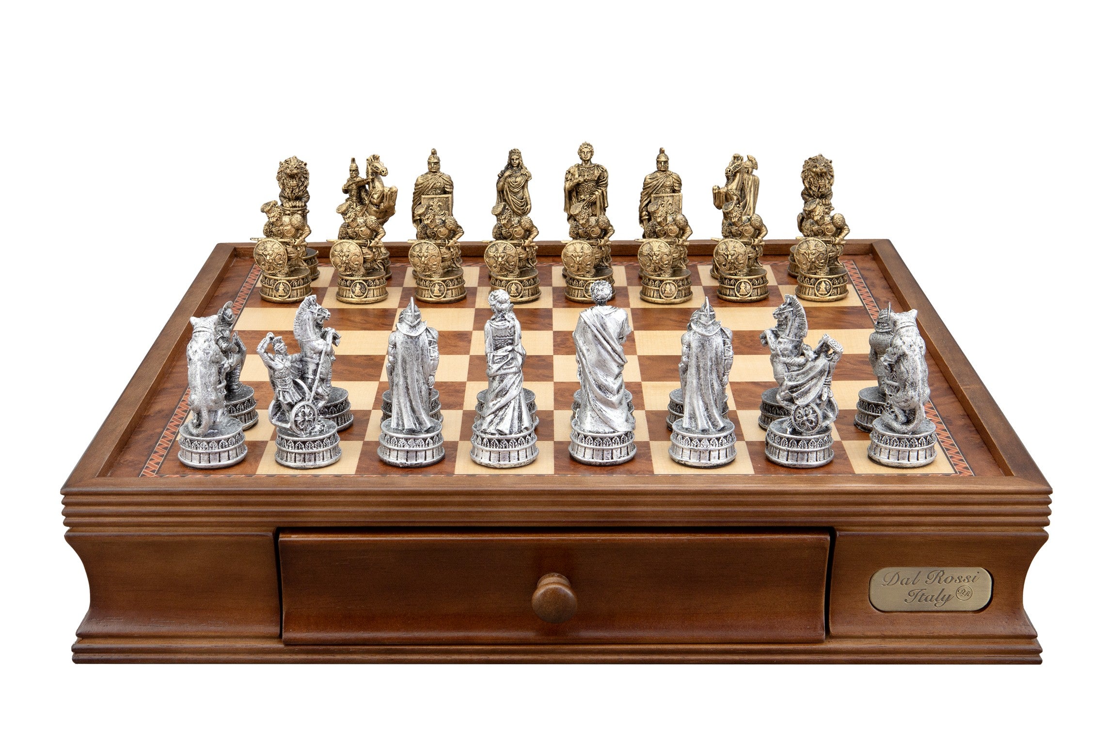 Dal Rossi Italy Roman Chessmen on a Walnut Chess Box with Drawers 16"