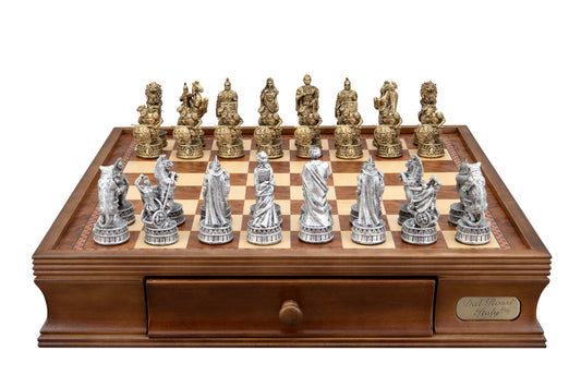 Dal Rossi Italy Roman Chessmen on a Walnut Chess Box with Drawers 16"
