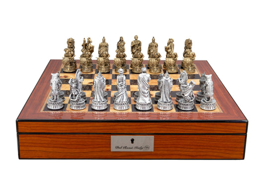 Dal Rossi Italy Roman Chessmen on a Walnut Finish Shiny Chess Box with Compartments 16"