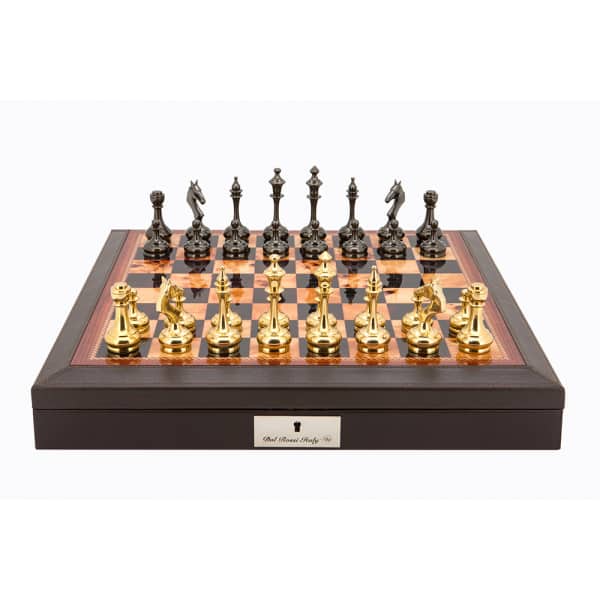 Dal Rossi Italy Brown PU Leather Bevilled Edge chess box with compartments 18" with Staunton Brass Titanium Cap Chessmen