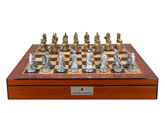 Dal Rossi Italy Roman Chessmen  on a Walnut Finish, Chess Box 20” with compartments