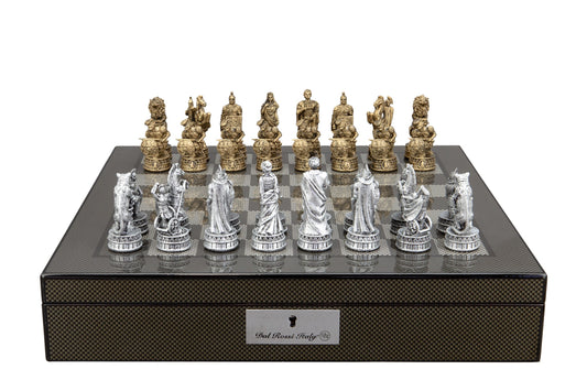 Dal Rossi Italy Roman Chessmen on a Carbon Fibre Finish Shiny Chess Box with Compartments 16"