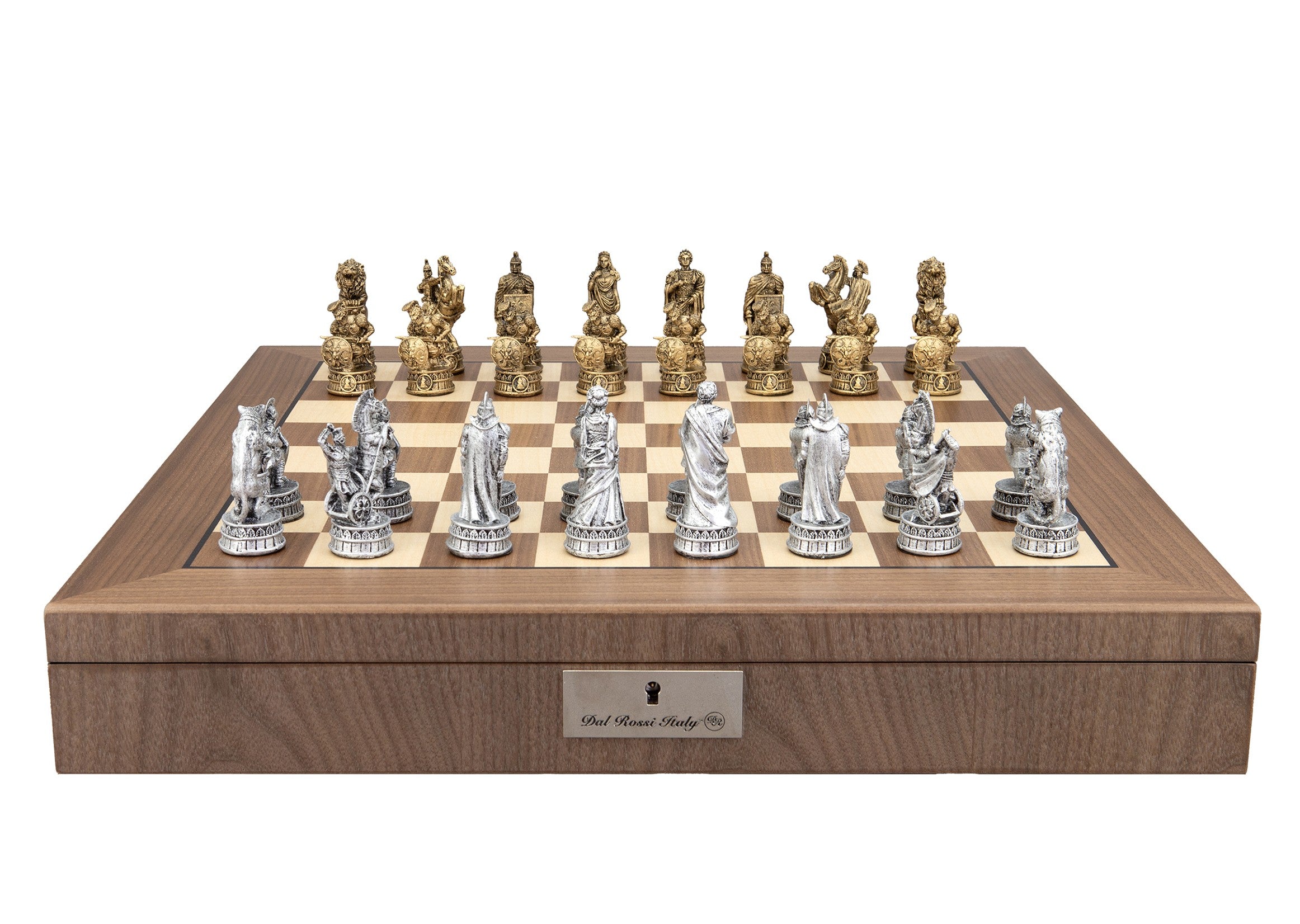 Dal Rossi Italy Roman Chessmen on a Walnut Inlaid Chess Box with Compartments 20"