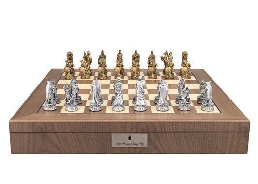 Dal Rossi Italy Roman Chessmen on a Walnut Inlaid Chess Box with Compartments 20"