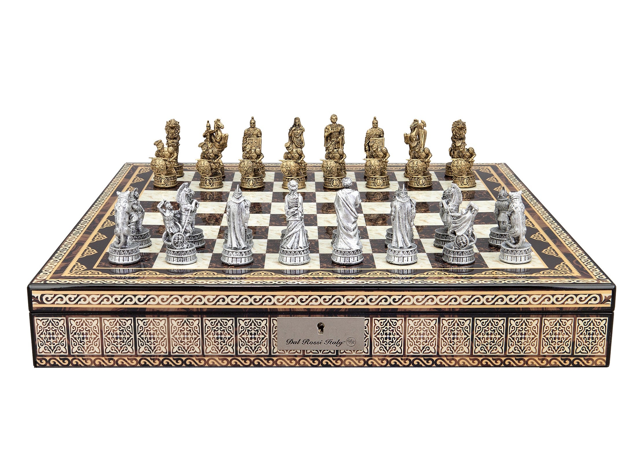 Dal Rossi Italy Roman Chessmen on a Mosaic Finish Shiny Chess Box with Compartments 20"